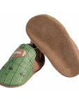 Front and bottom view of Robeez Soft Sole shoe with brown back and green toe featuring football field and football