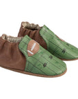 Robeez Soft Sole shoe with brown back and green toe featuring football field and football