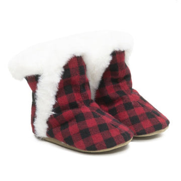 Red plaid bootie wiht white faux fur trim and soft brown suede leather outsole.