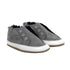Grey leather baby shoes with fake eyelets stitched on.