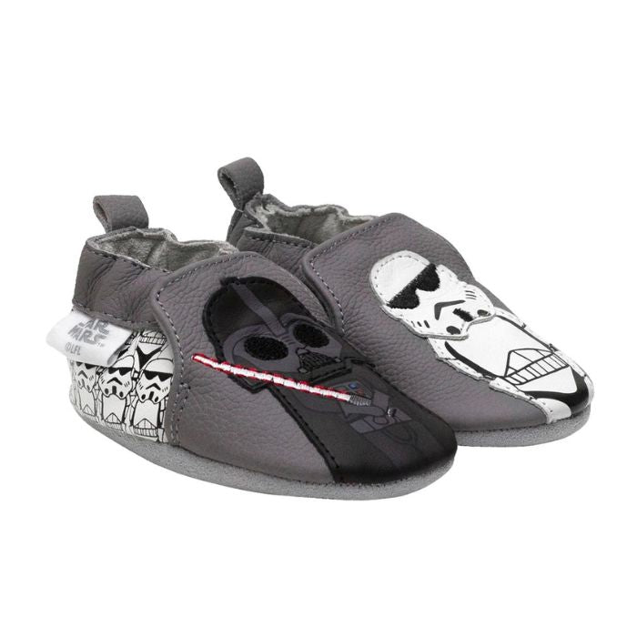 Grey leather shoes with Darth Vader and Storm Troppers on them.