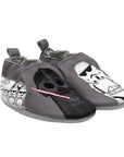 Grey leather shoes with Darth Vader and Storm Troppers on them.
