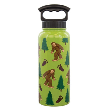Green 34oz bottle with big foots, foot prints and trees on it. The bottle has a black lid