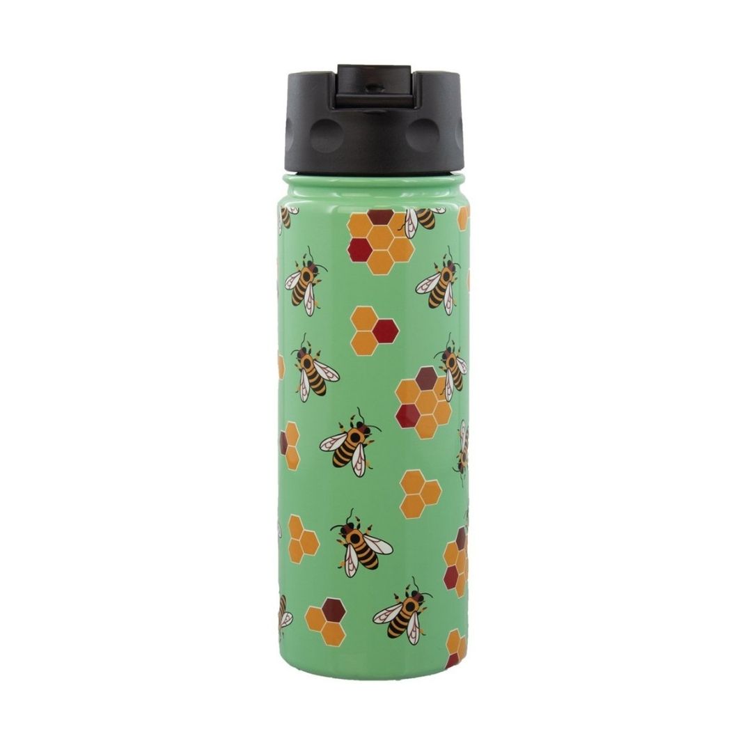 Mint green 20oz bottle with bee and honeycomb print with black lid.
