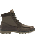 Brown lace-up boot with waterproof stamped on heel.