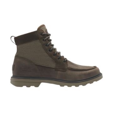 Brown lace-up boot with waterproof stamped on heel.
