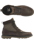 Brown leather boot with lace closure and Sorel logo on heel of insole.