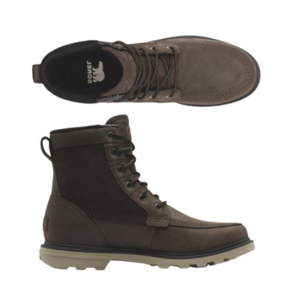 Top and side view of dark brown leather lace up boot with light brown outsole. Sorel logo on heel of black insole.