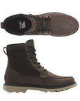 Top and side view of dark brown leather lace up boot with light brown outsole. Sorel logo on heel of black insole.