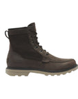 Dark brown leather lace up boot with light brown outsole.