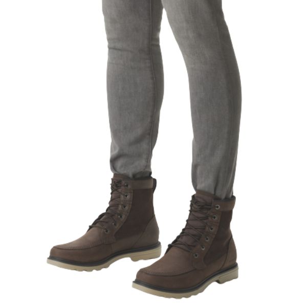 Man in grey pants wearing dark brown leather lace up boot with light brown outsole.