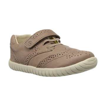 Brown leather shoe with velcro closure and beige outsole