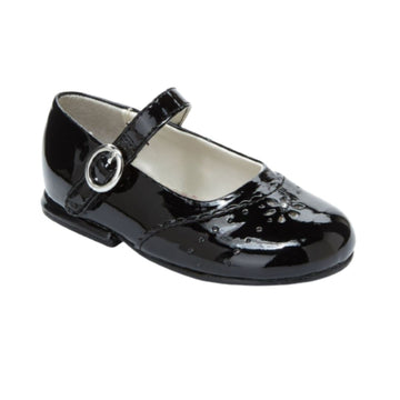 Black patent leather shoe with strap with buckle closure
