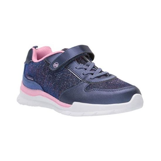 Sparkly navy sneaker with velcro closure, faux laces and white outsole