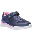 Sparkly navy sneaker with velcro closure, faux laces and white outsole