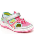 Pink fisherman sandal with silver velcro strap, blue accents and pink outsole