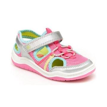 Pink fisherman sandal with silver velcro strap, blue accents and pink outsole