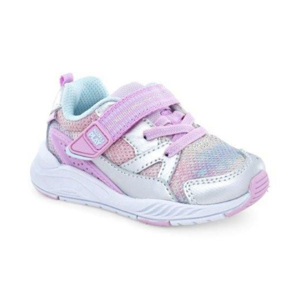 Silver and pink sneakers with faux pink laces and pink Velcro strap closure. Shoes have white outsole.