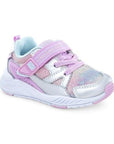 Silver and pink sneakers with faux pink laces and pink Velcro strap closure. Shoes have white outsole.