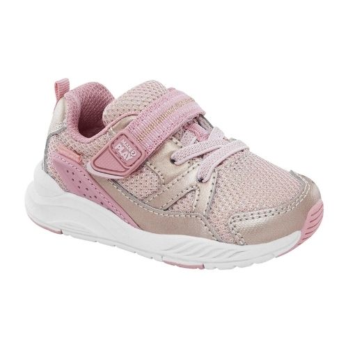 Pink and rose gold Velcro sneaker with white outsole.