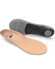 Unisex New Balance insoles show one beigefootbed flat and other on side showing thick grey and black bottom (by Superfeet)