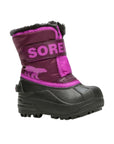 Purple winter boot with velcro strap, black rubber foot and faux fur trim