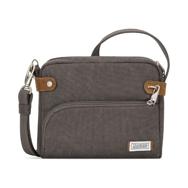 Charcoal gray Travelon Anti-Theft Heritage Crossbody handbag with RFID-blocking technology and locking zippers, ideal for travel.