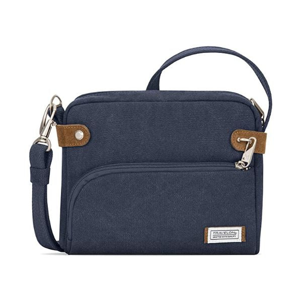 Navy blue Travelon Anti-Theft Heritage Crossbody handbag with secure zippers and anti-theft features, offered by White-Balmer Shoes.