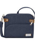 Navy canvas crossbody bag with top and front zipper. Patch on front with Travelon logo on it.