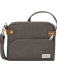 Grey canvas crossbody bag with top and front zipper. Patch on front with Travelon logo on it.