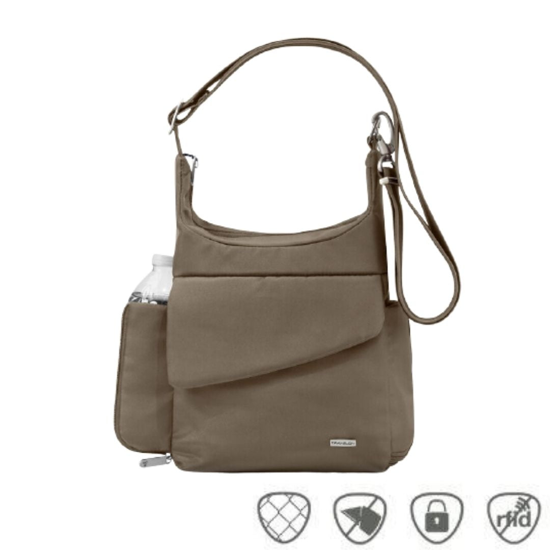 Taupe messenger style bag with front flap pocket and water bottle side pouch.