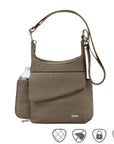 Taupe messenger style bag with front flap pocket and water bottle side pouch.