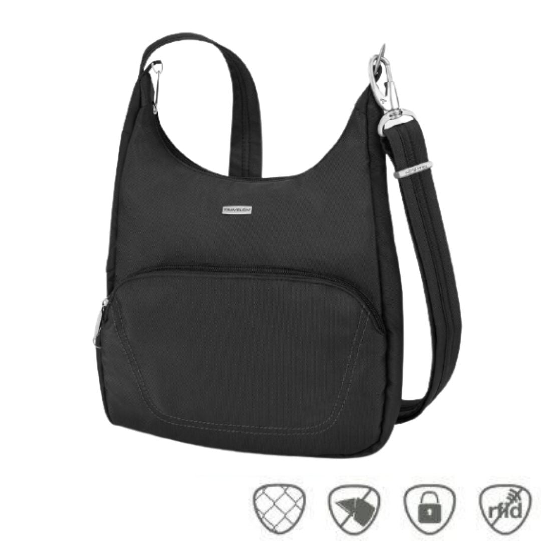 Black messenger bag with adjustable shoulder strap, front zippered pocket and silver Travelon logo 