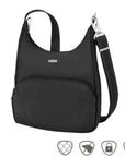 Black messenger bag with adjustable shoulder strap, front zippered pocket and silver Travelon logo 