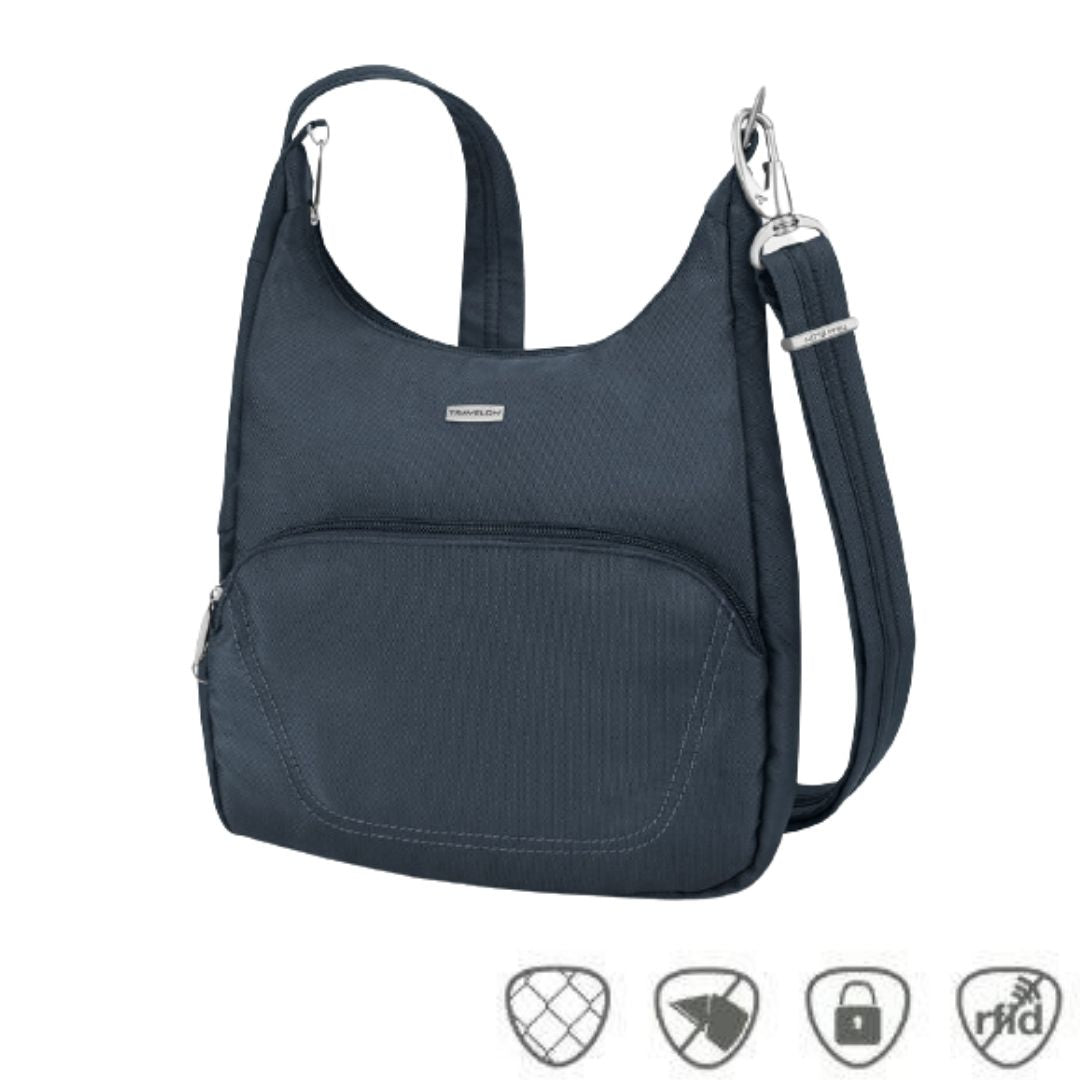 Navy messenger bag with adjustable shoulder strap, front zippered pocket and silver Travelon logo 