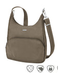 Nutmeg coloured messenger bag with adjustable shoulder strap, front zippered pocket and silver Travelon logo