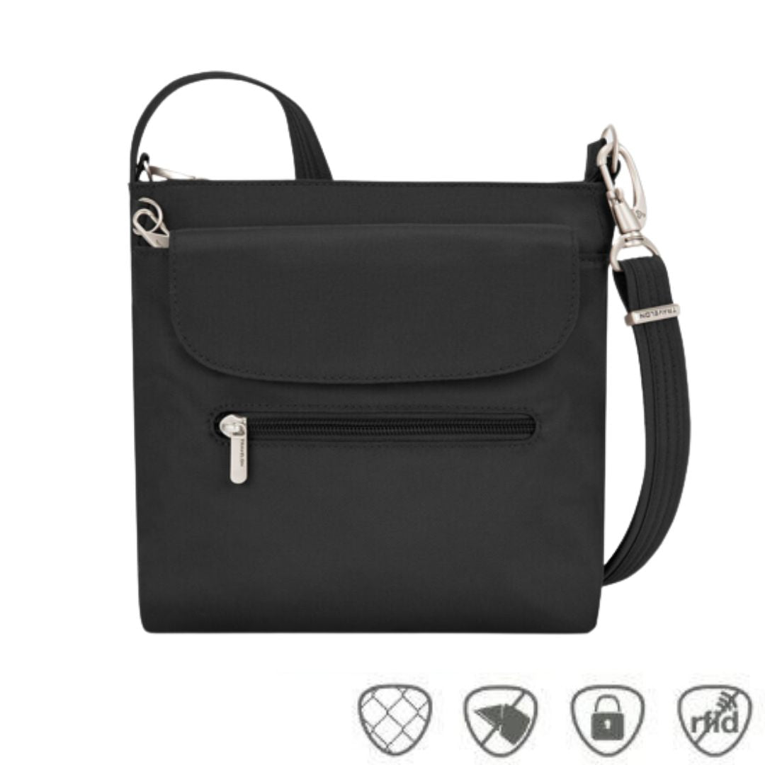 Black crossbody bag with front flapped pocket and front horizontal zippered pocket. Bag has silver zippers and clasps.