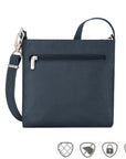 Back view of navy Travelon crossbody bag with back exterior zipper and silver clasps.