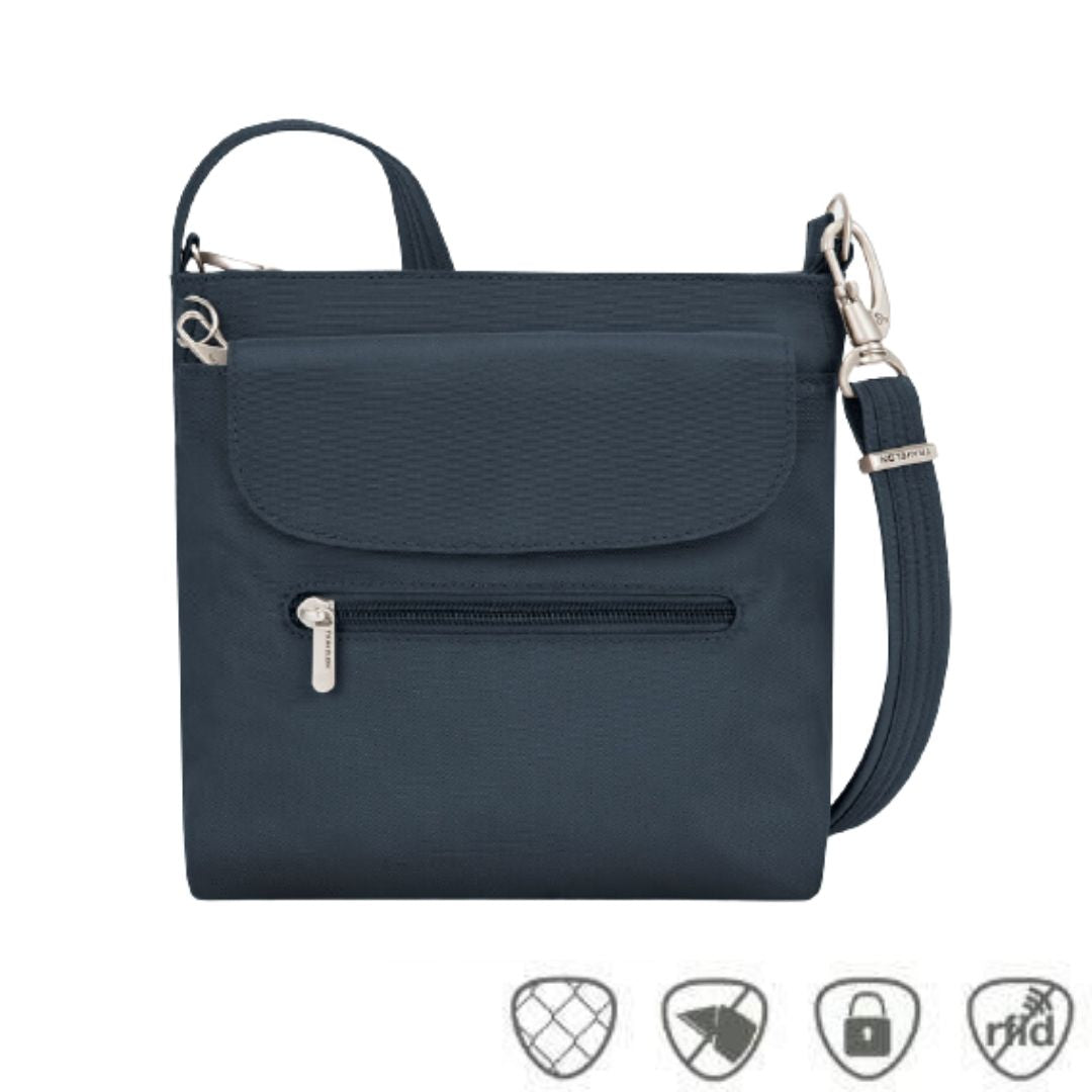 Navy crossbody bag with front flapped pocket and front horizontal zippered pocket. Bag has silver zippers and clasps