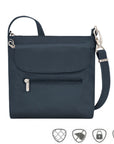 Navy crossbody bag with front flapped pocket and front horizontal zippered pocket. Bag has silver zippers and clasps