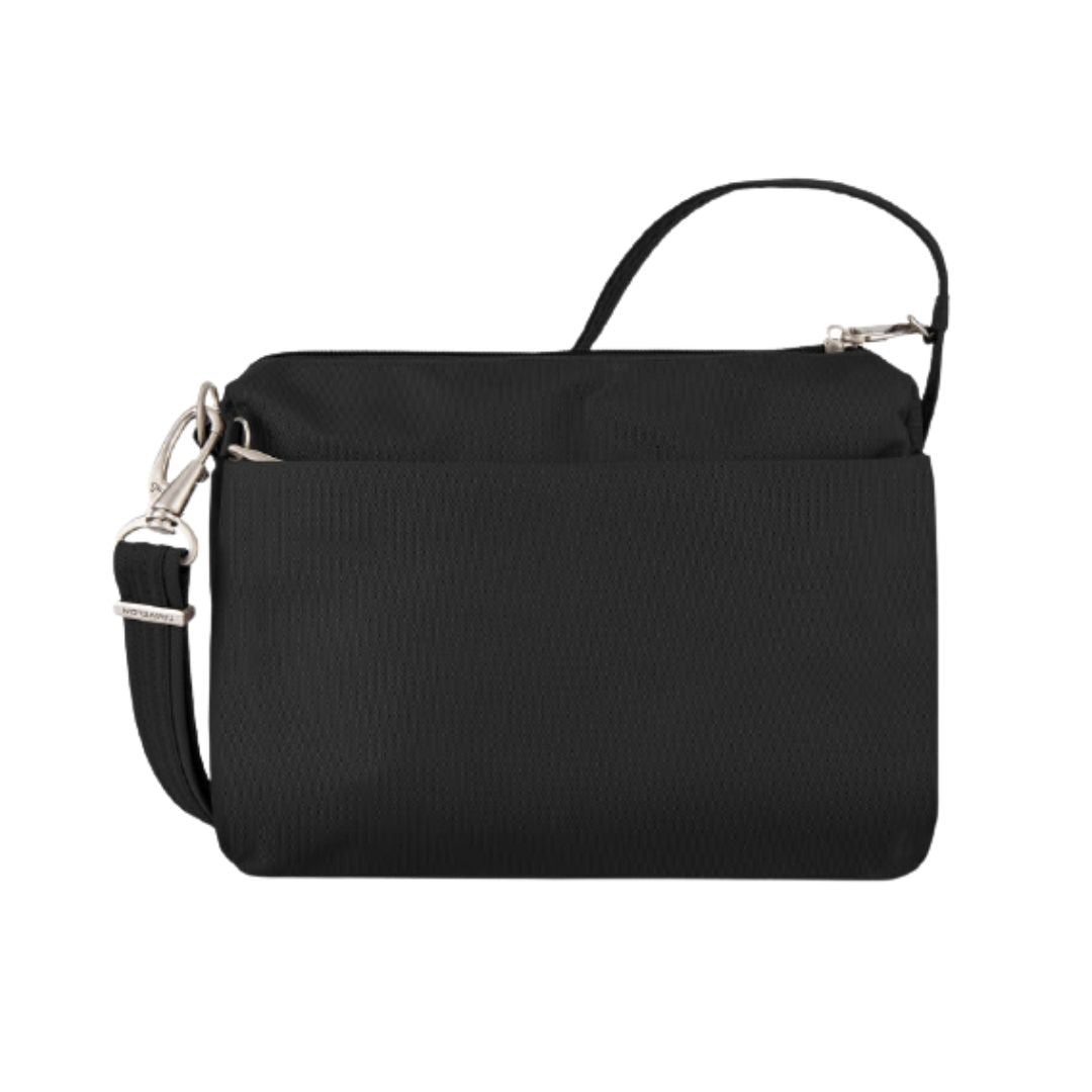 Back view of Travelon&#39;s 43115 cross body bag with adjustable straps and back exterior zipper.