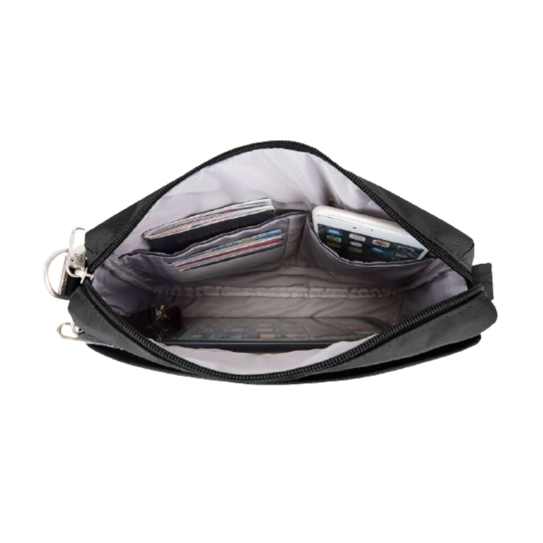 Interior of black Travelon Anti-Theft Small E/W Crossbody with organized compartments for cards, phone, and passport in light grey lining.
