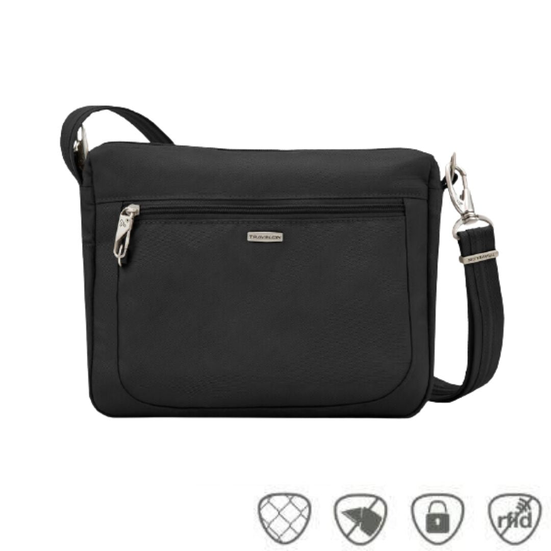Small black travel bag with front zipper, silver clasps and silver Travelon logo in center.