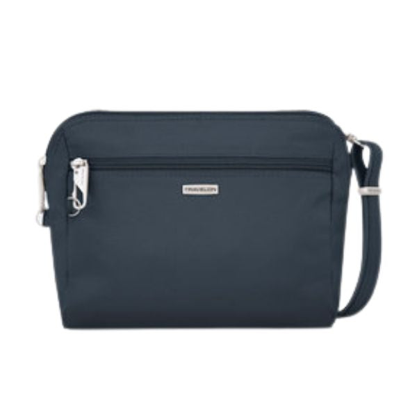 Small navy travel bag with front zipper, silver clasps and silver Travelon logo in center.