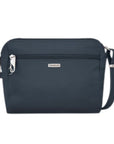 Small navy travel bag with front zipper, silver clasps and silver Travelon logo in center.