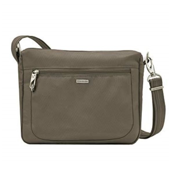 Small nutmeg travel bag with front zipper, silver clasps and silver Travelon logo in centre.