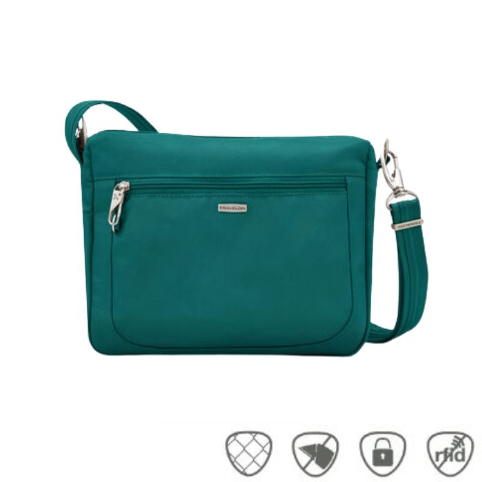 Small teal travel bag with front zipper, silver clasps and silver Travelon logo in center.