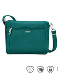 Small teal travel bag with front zipper, silver clasps and silver Travelon logo in center.