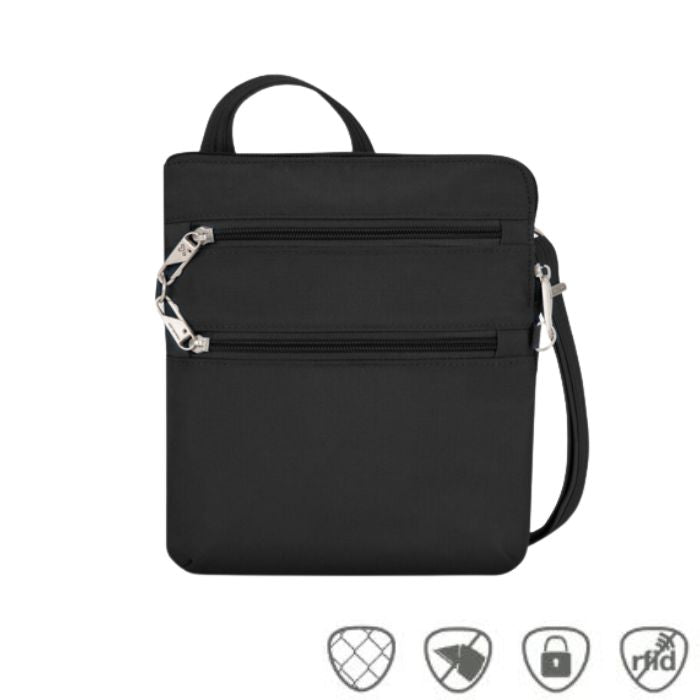 Black crossbody bag with two front horizontal zippers with silver pull tabs.
