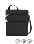 Black crossbody bag with two front horizontal zippers with silver pull tabs.